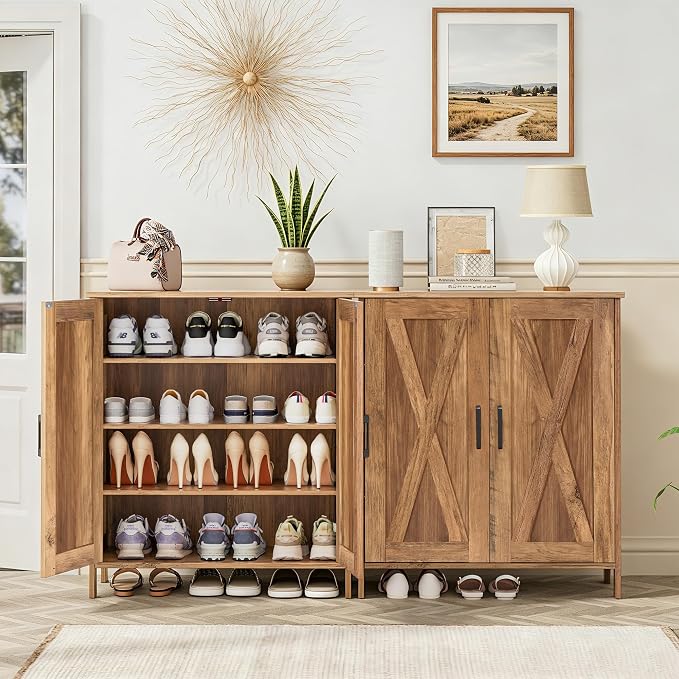 Homleke Farmhouse Shoe Cabinet with 2 Barn Doors & Wood Legs, 5-Tier Shoe Storage Cabinet with 3 Adjustable Shelves, Tall Shoe Rack Organizer for Closet, Shoe Organizer for Entryway, Rustic Walnut