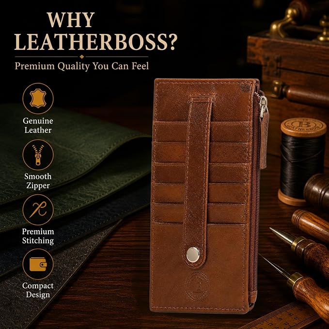 Leatherboss Genuine Leather Women's All in One Credit Business Card Case Holder Slim Zipper Wallet With a Card Protection Strap, Metallic Bronze