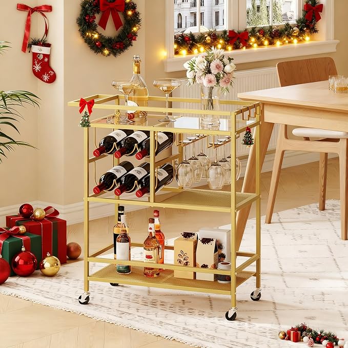 MAHANCRIS Bar Cart for Home, 3-Tier Serving Cart with Wheels and Handle, Beverage Cart with Wine Rack and Glass Holders, Rolling Wine Cart for Kitchen, Dining Room, Gold RCJ61B01