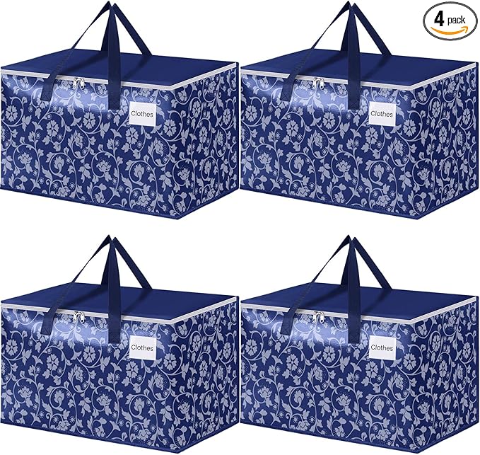 HomeHacks Moving Bags, Extra Large Size Moving Boxes, Heavy Duty Luggage Bags with Smooth Zipper and Sturdy Handles, Large Capacity & Easy Loading Storage Totes for Space Saver 125L, 4-Pack, Blue