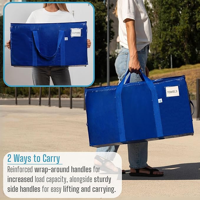 VENO 2 Pack Moving Bags, Upgraded Heavy Duty, Moving Boxes Alternative, Packing Storage Supplies for Dorm Room Essentials with Zipper for Clothes, Large Totes for Packaging (Blue, 2 Pack)