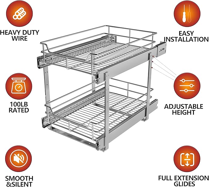 JOWBOOW 2-Tier Cabinet Pull Out Shelves (14" W x 22" D), Slide Out Shelves for Kitchen Cabinets, Metal Under Cabinet Roll Out Shelf