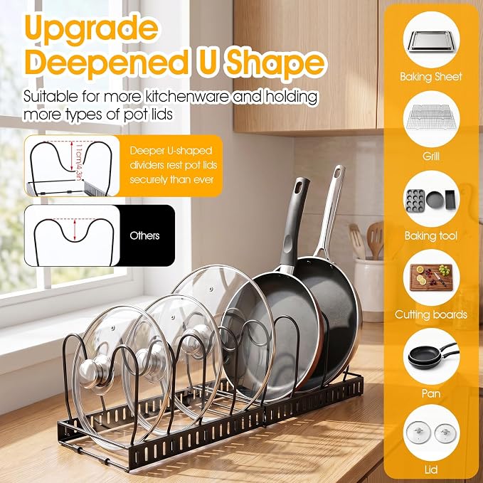 2 Pack Pot and Pan Organizer Expandable 12-23 Inch Pot Lid Pan Organizers Inside Cabinet with 14 Adjustable Dividers Heavy Duty Iron Storage Rack for Pots Pans Lids Black