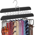 RESOVO Upgraded Tie Rack Hanger with 20 Foldable Metal Hooks, Space Saving Necktie Organizer for Men – Large Capacity Tie and Belt Wooden Hanger for Closet - Black 2 Pack