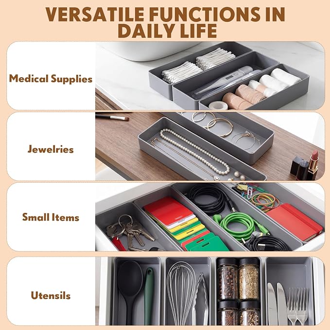 Teling 2 Pcs Grey Large Rectangular Desk Organizer Set, Half Accessory Tray, Plastic Tabletop Organizer for Office, Home, or Study, Dimensions: 9.45 x 2.95 x 1.38 Inches