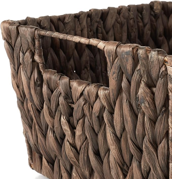 Casafield Set of 4 Water Hyacinth Storage Baskets with Handles - Espresso Brown, Woven Storage Bins for Shelves, Blankets, Laundry Organization
