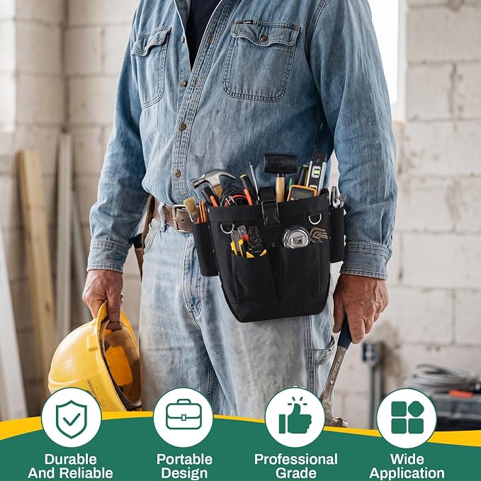 2 Pcs Tool Pouches 6" x 6" x 9", Small Tool Bags with Front Pocket, Tunnel Connection Double Reinforced Bottom, Belt Strap Connect, Bull Pin Loops for Spud Wrenches, Bolts & Outdoor Work
