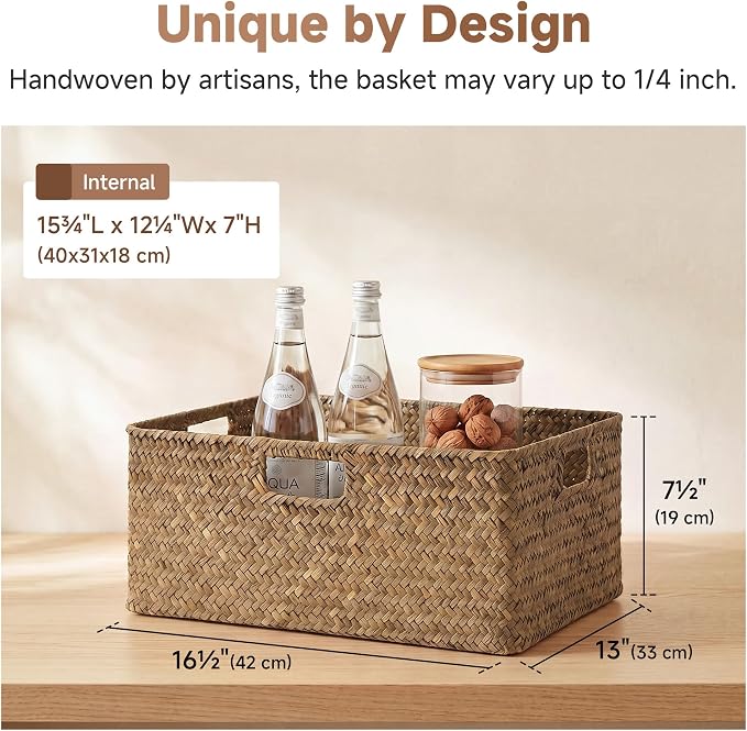 StorageWorks Extra Large Wicker Baskets for Organizing, Seagrass Baskets | Pantry Shelves, Kitchen Closet, Laundry, Bathroom, Table, Decorative, Book, Towel, Blanket, Food, Magazine, Medium, Handle