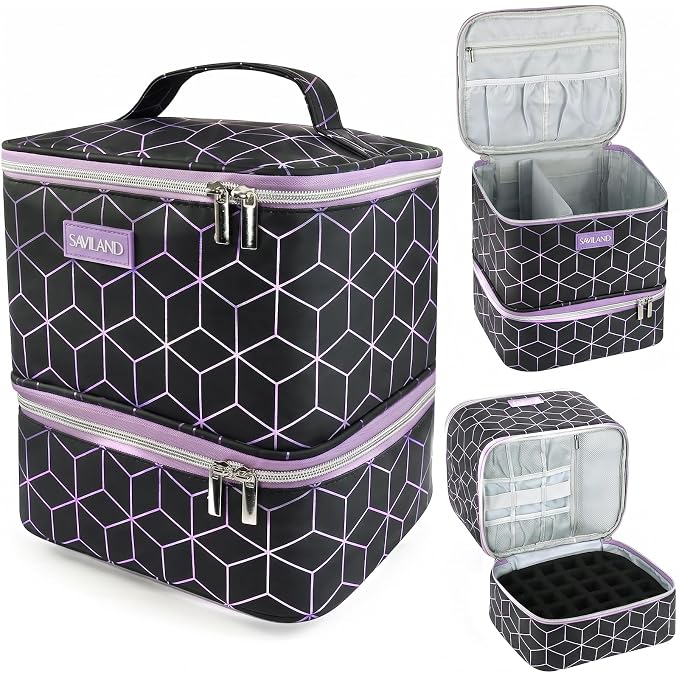 SAVILAND Nail Polish Organizer Bag: PU Leather Nail Kit Organizer Holds 30 Bottles & Nail Lamp, Black Nail Supply Organizer Nail Polish Carrying Case Gel Nail Organizers and Storage Box for Nail Tech