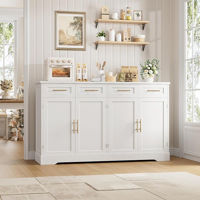 HOSTACK 60" W Sideboard Buffet Cabinet with Storage, Kitchen Cabinet, White | 36" Tall Kitchen Buffet Storage Cabinet with 4 Drawers, Large Coffee Bar Cabinet, Modern Buffet Table for Dining Living Room