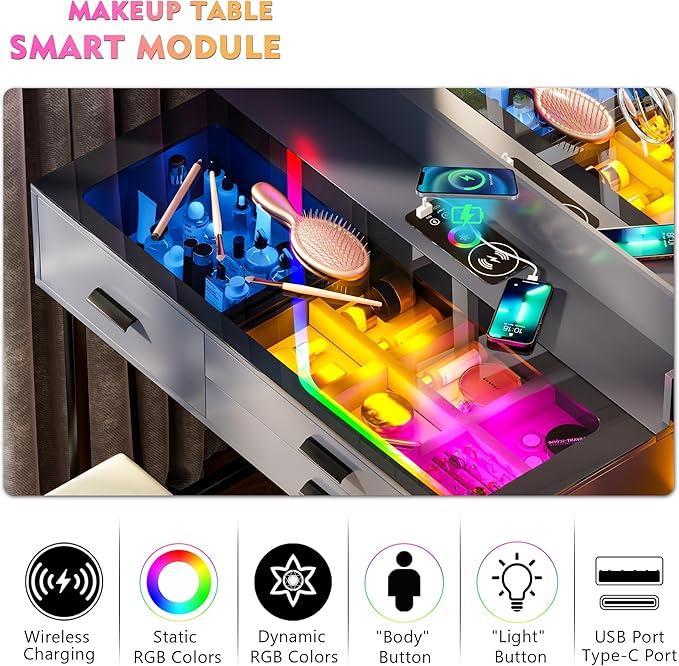 Lvifur RGB Makeup Vanity Desk with Wireless Charging Station,7 Dynamic & 24 Static Dimmable Vanity Table Set with Glass Top,Human Sensor LED Vanities with Mirror and Lights,6 Drawers,Stool