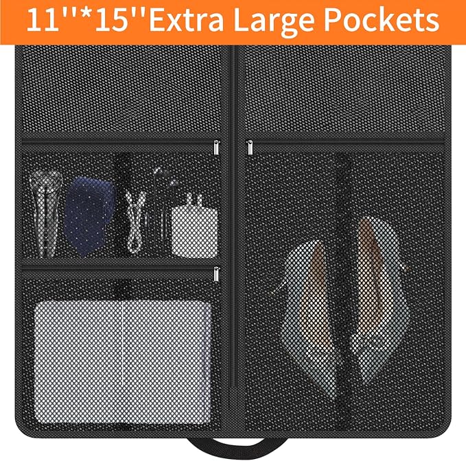 Suit Garment Clothes Travel Bag: 63 inch Lightweight Foldable Black Short Fabric Breathable - Hanging Storage Cover Pockets Zipper for Women - Wardrobe Carry Coat Jacket Uniform Tuxedo Shirt