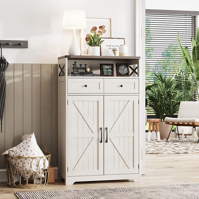 Maupvit Shoe Cabinet with Doors, 6-Tier Farmhouse Shoe Storage Cabinet with 2 Drawers & Adjustable Shelves, Shoe Cabinet Storage for Entryway, Wood Shoe Rack Organizer for Living Room Foyer Hallway