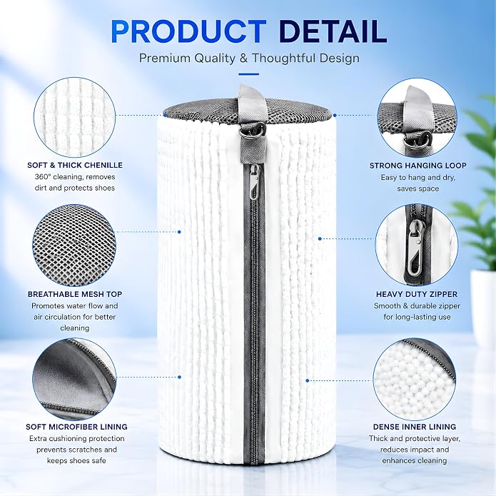 GEWON Shoe Washing Machine Bag for Wash & Dry, 4-in-1 Kit 2 Chenille Sneaker Laundry Bags + 2 Dust Bags, Self-Locking Zipper