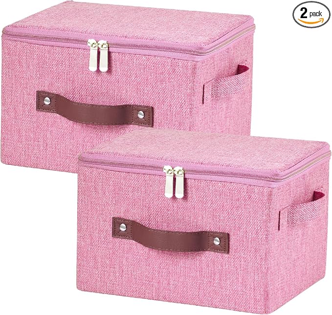 2 Pack Storage Bins with Zipper Lid Cotton Linen Fabric Lidded Storage Baskets Boxes Foldable Washable Closet Shelf Clothes Organizer Container with PU Leather Handles (Pink, Small)
