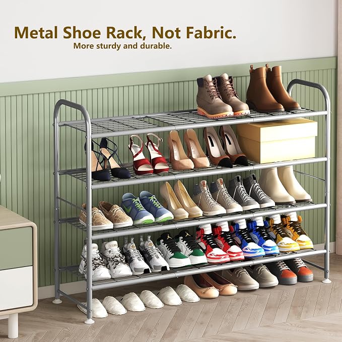 LINZINAR 4 Tier Long Shoe Rack for Closet Metal Shoe Organizer for Entryway | Spacious design stores 25+ pairs of shoes,durable metal frame,space-saving organizer for closet, hallway, and Entryway Grey