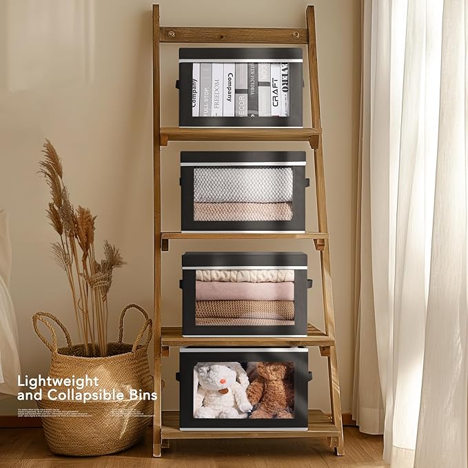 Homsorout Large Storage Baskets Bins with Lids - Stackable Cube Bins for Closet, 3 Pack Black Windows Organizer Bins, Home Organizers and Storage for Clothes, CD, Towels