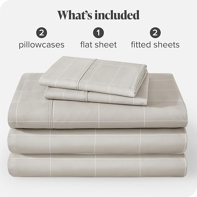 Bare Home Split King Sheet Set - 1800 Ultra-Soft Microfiber Bed Sheets - Double Brushed - Deep Pockets - Easy Fit - 5 Piece Set - Bed Sheets & Pillowcases (Split King, Grid - Stone/White)