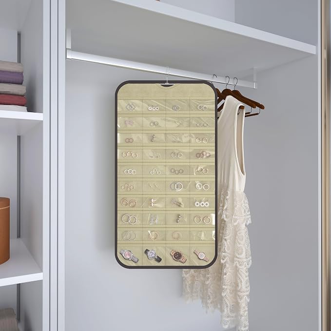 Hanging Jewelry Organizer for Necklaces Earrings, 1-Pack, Black and Beige | Foldable Double-Sided 36 hooks & 40 clear pockets; swivel hook fits walls, doors & rods for earrings, bracelets, rings