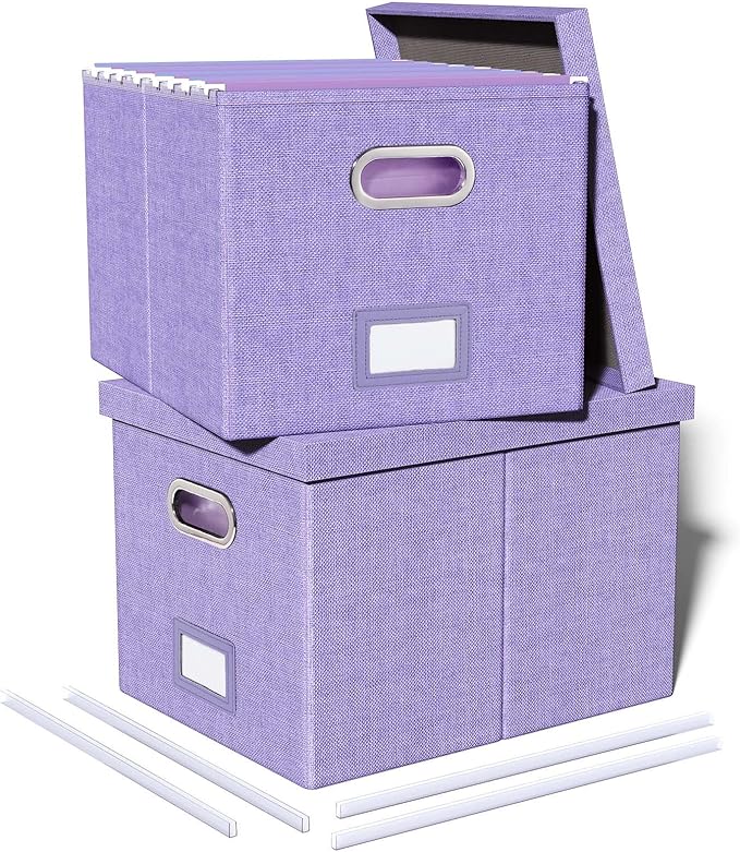 Oterri 2 Pack File Storage Organizer, Filing Box, Portable File Box with Lid, Fit for Letter/Legal File Folder Storage, Document Organizer, Lavender