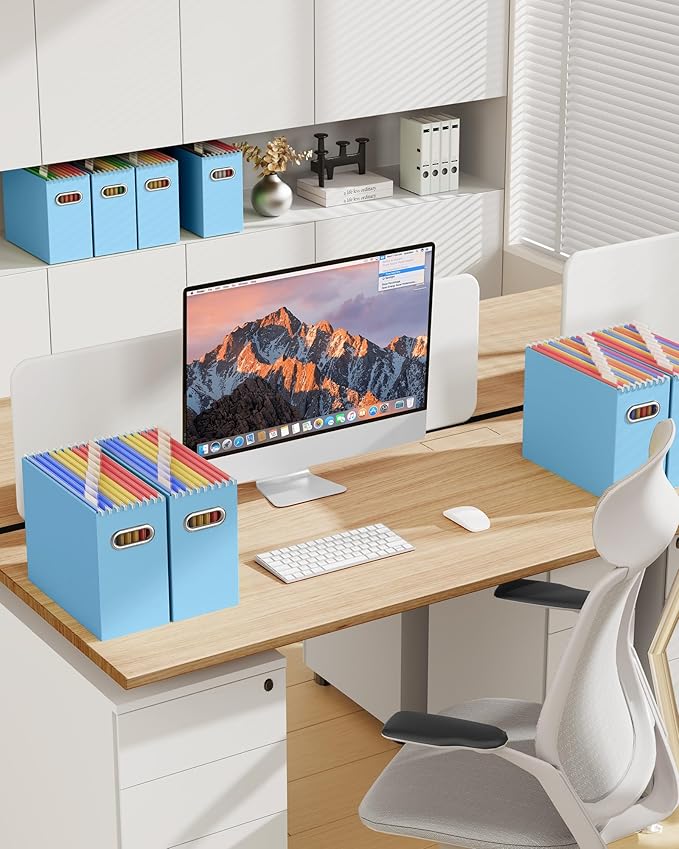 Oterri File Organizer Box, Portable Collapsible Cardboard File Folder Organizer with Handle for Letter Size Hanging Files, Document Storage Box for Home Office & Classroom (4 Packs, Blue)