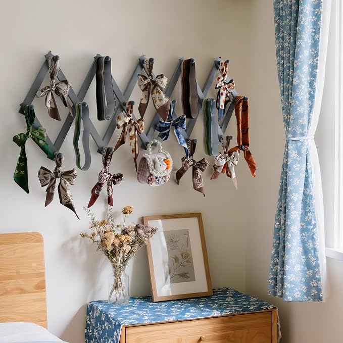 SKOLOO Accordion Wall Hanger with 16 Hooks, Modern Expandable Coat Rack Hat Rack for Wall, Solid Wooden, Dusty Gray Oak
