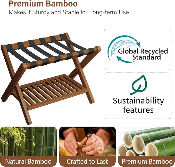 Heybly Luggage Rack for Guest Room,Bamboo Folding Luggage Stand & Suitcase Holder,Suitcase Stand, 5 heavy-duty straps,Holds up to 165 Lbs, Heavy Duty Luggage Rack for Bedroom Hotel, Walnut, HLR013WB1