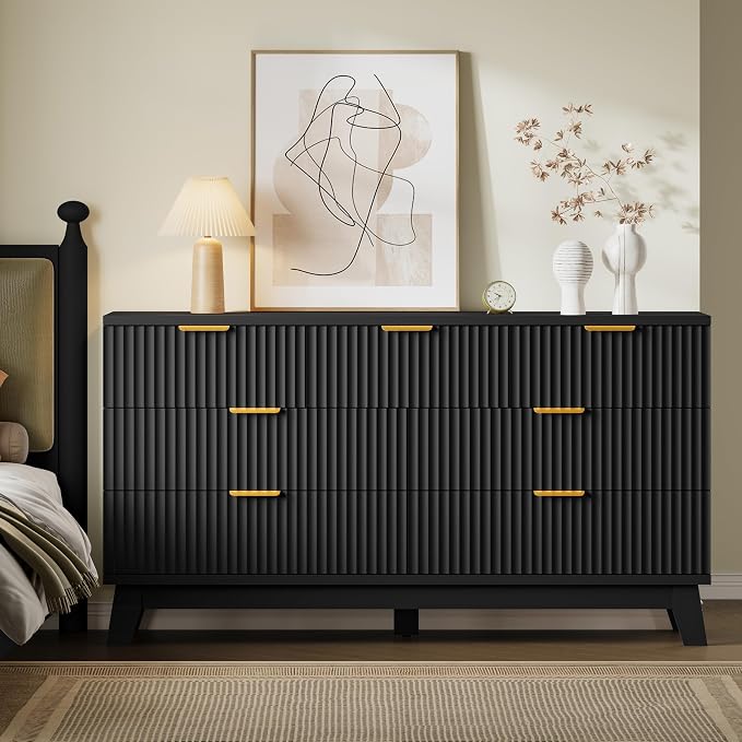 BORNOON Fluted 7 Drawer Dresser, 47.2" Wide Modern Boho Chest of Drawers, Wooden Storage Dresser TV Stand for Bedroom, Living Room, Closet, Hallway, Curved Profile Design