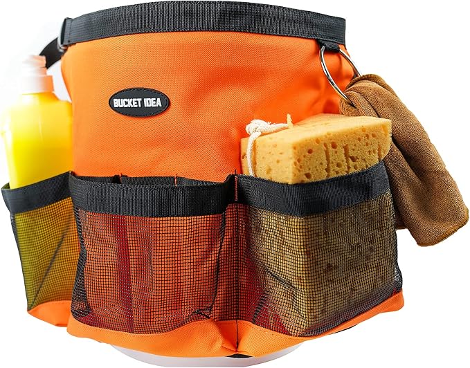 MELOTOUGH Bucket Washing Tool Organizer for a 5 Gallon Bucket Tool Organizer for Garden Tools Fit 3.5 to 5 Gallon Bucket (Orange) | Hold Spray Bottles Scrubs Brush, Mesh With Multiple Compartments, Fits 3.5-5 Gal Buckets, Water-Resistant, Easy To Carry