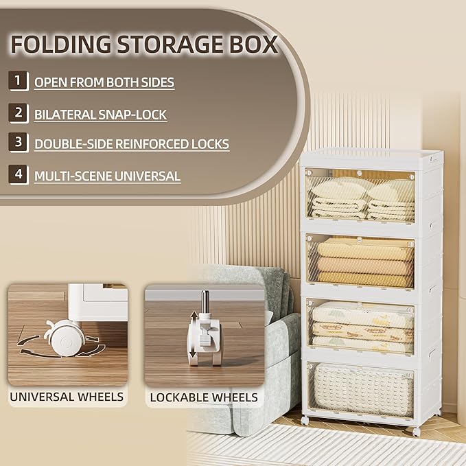 376 QT / 94 Gal Large Foldable Storage Cabinet with Wheels - Extra Capacity, Transparent Front & Back Doors, One-Pull Assembly, Silent Casters for Garage/Stockpile (PP Material)