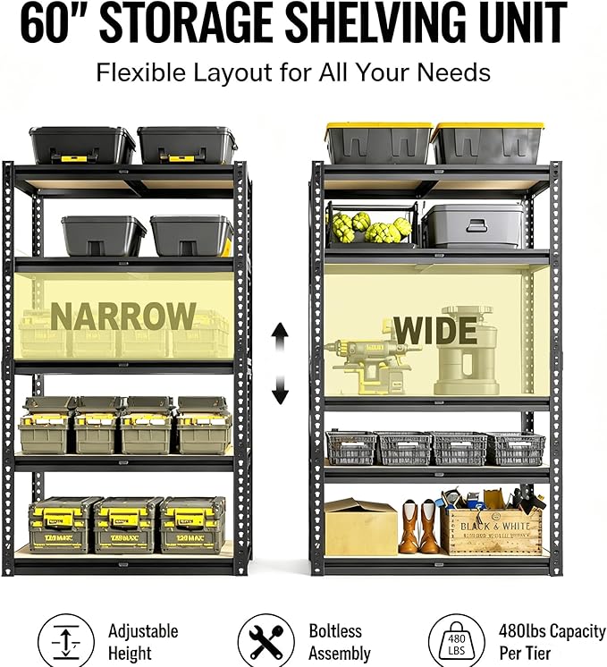 60" H Heavy Duty Storage Shelves, 2400LBS Capacity Metal Shelving Unit, Adjustable Garage Shelves & Organizer with Overlap Design for Home Garage Warehouse Storage Shop,Black