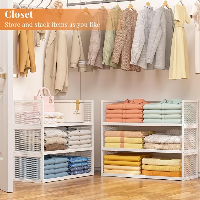 Expandable Closet Organizers and Storage, 2 Pack Stackable Closet Shelves, Metal Clothes Sweater Shelf Organizer for Closet, Multifunctional Storage Basket for Office Bathroom Bedroom Dressing, White