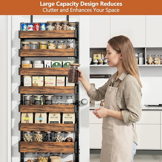 Over the Door Pantry Organizer: Pantry Organization and Storage with Hanging Basket - 9-Tier Metal Spice Rack Adjustable Shelves for Kitchen Bedroom Bathroom & Laundry Room Black