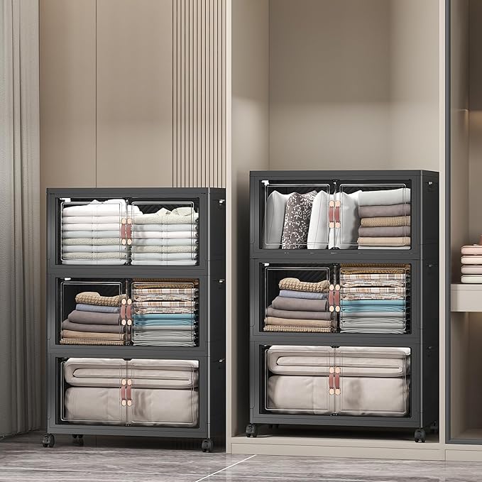 UAMFURI Stackable Storage Bins with Lids, Extra Large Plastic Organizer Cabinet Drawers, 672QT Collapsible Closet Containers with Doors and Wheels,For Bedroom, Kitchen, Office, Garage,(6Pack Cube)
