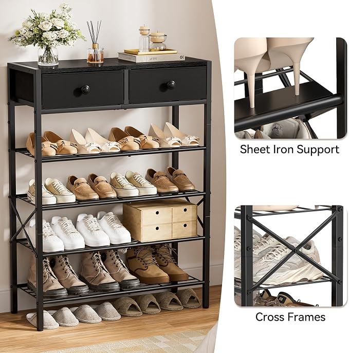 Shoe Rack for Entryway, 5 Tier Shoe Organizer with 2 Non-Woven Drawers, Metal Storage Shoe Shelf for 16-20 Pairs of Shoes, with Wooden Top and Steel Frame, Shoe Stand for Closet Charcoal