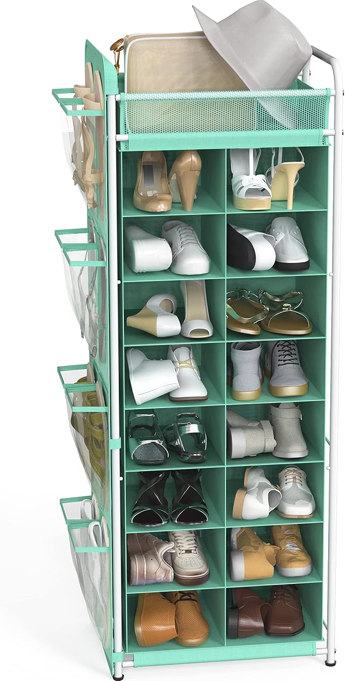 Simple Houseware 16 Cube Shoe Stand Tower Rack 8 Tier, Turquoise | Top Shelf and Side Hanging Pockets