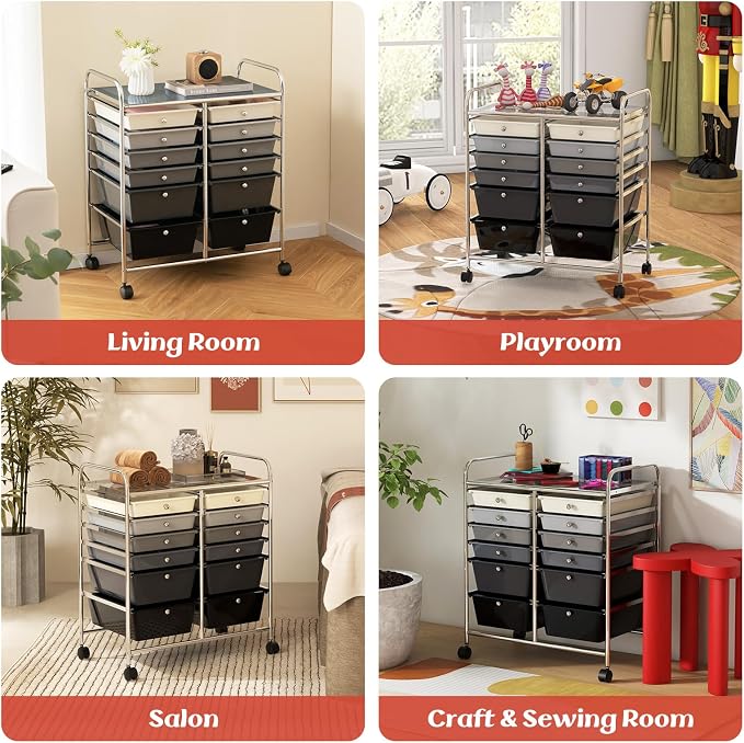 Moccha 12-Drawer Rolling Storage Cart - Utility Cart on Wheels with Lockable Casters for Craft Art Supply Paper Salon, Mobile Drawer Carts for Classroom Teacher School Office (Gradient Grey)