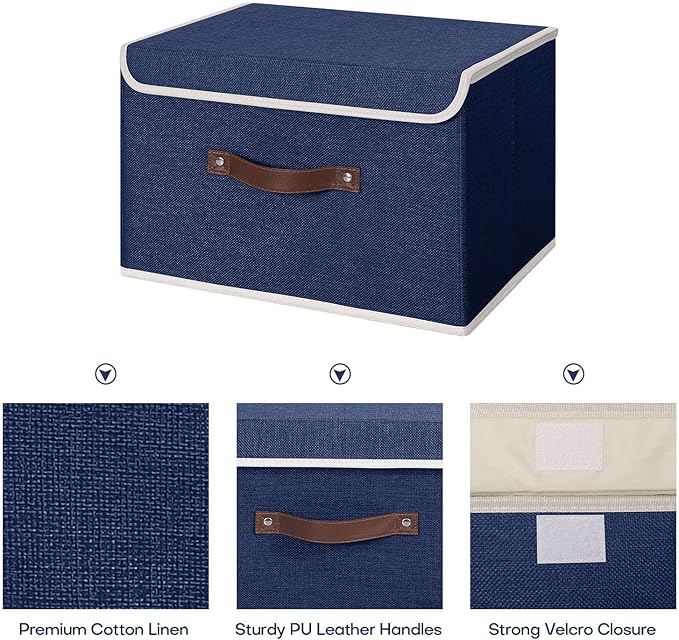 ANMINY Storage Bin with Lid Storage Boxes with PU Leather Handles PP Plastic Board Decorative Foldable Lidded Cotton Linen Fabric Home Cubes Baskets Closet Organizer Container - Blue, Medium