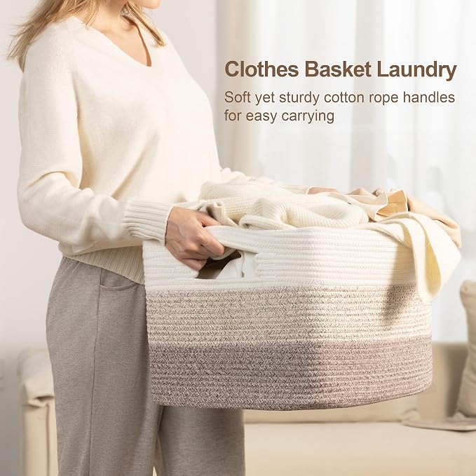 72L Large Woven Laundry Basket Hamper with Handles, Gradient Brown | 22"x17"x12", collapsible wicker hamper, storage for dirty clothes, toys, blankets, gifts, living room, bedroom, bathroom