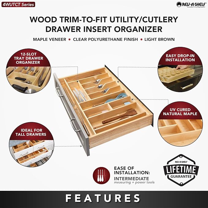 Rev-A-Shelf Wood Trim-to-Custom-Fit Utensil Drawer Insert Organizer, 33.11" x 21.97" - Spoons, Forks, Silverware, and Cutlery Drop-In Storage Tray for Kitchen Cabinet Organization, 4WUTCT-36-1