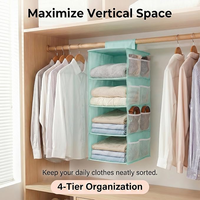4-Shelf Closet Hanging Organizer Foldable Hanging Storage Shelves with Strong Magic Tapes Space-Saving Wardrobe Hanging Shelf for Clothes Towels Accessories Blue