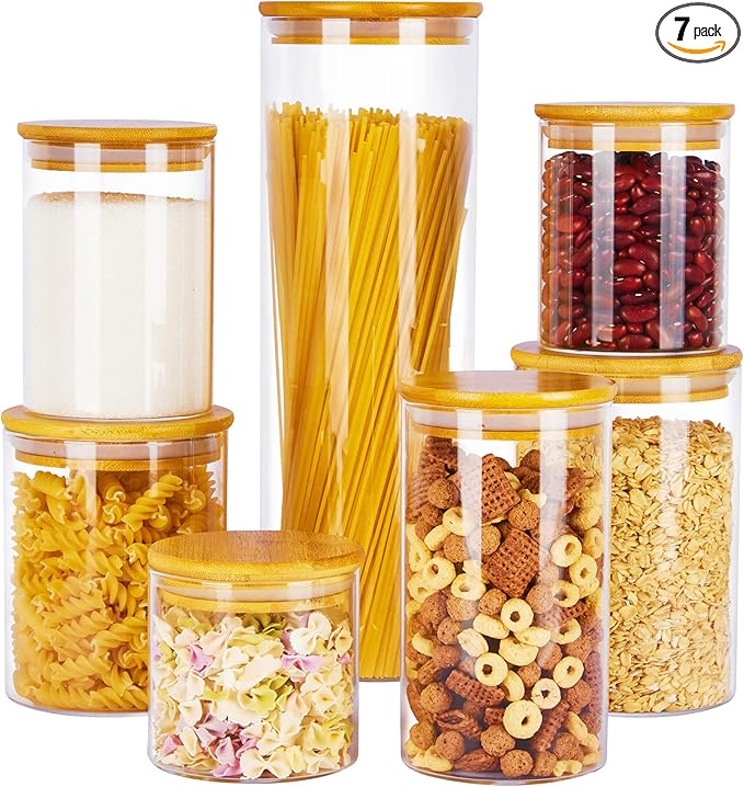 Vtopmart Glass Food Storage Jars, 7 Pack Kitchen Containers with Airtight Bamboo Wooden Lids for Pasta, Cookies, Nuts, Coffee Beans, Cereal, Canisters Set for Flour, Pantry Organization, BPA Free | 7-Pack Multi-Size Canisters Set for Pasta, Cookies, Nu...