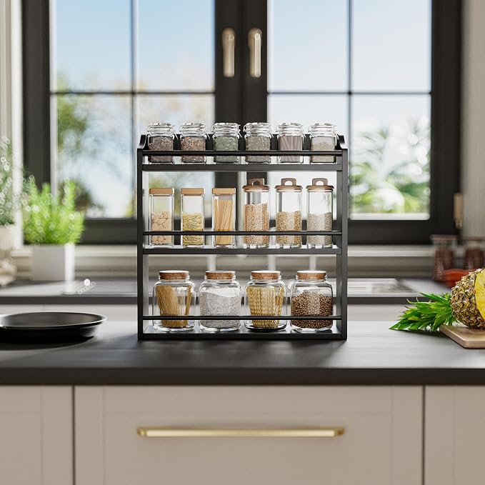 STELLSTAR Bamboo Spice Rack Wall Mount or Tabletop Holder, 3-Tier Shelf for Seasoning Bottles Organizer, Medicine Holder (Black)