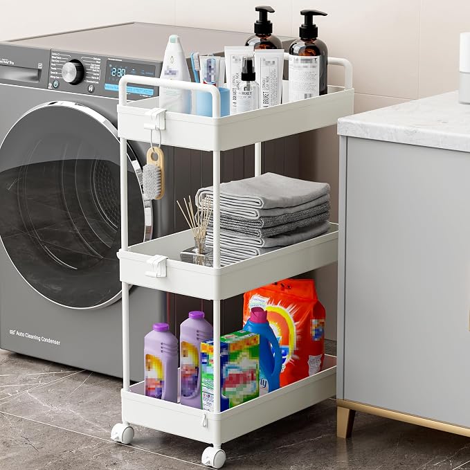 Ronlap 3 Tier Slim Rolling Storage Cart with Wheels Utility Organizer,White | For bathroom, laundry, kitchen, bedside & dorm. Fits art, craft, snack, makeup, nail, diaper & postpartum baby supplies