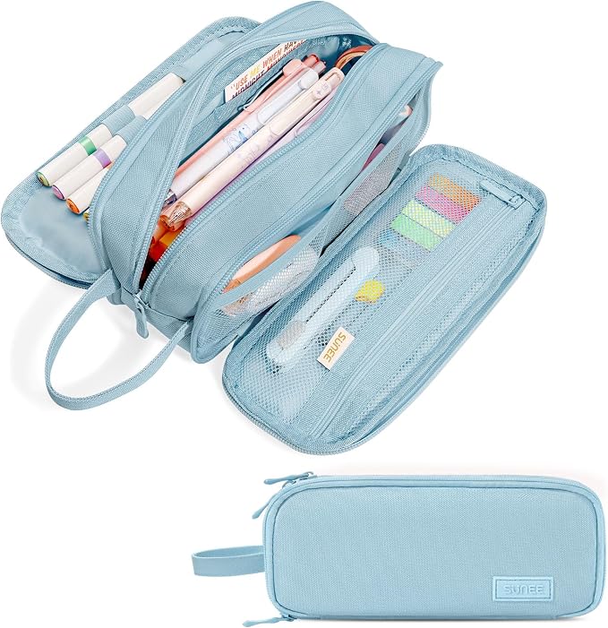 SUNEE Large Capacity Pencil Case with 3 Compartment, Extra Big Pencil Pouch, Pencil Bag with Zipper, Cute High Stationery Organizer, Oxford Pen Box School Supplies for Student Teen Girls Boys, Blue