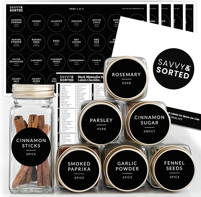 Spice Labels for Glass Jars, 202 Round Preprinted Waterproof Kitchen Spice Labels Stickers, Seasoning Organization Black Pantry Herbs Label for Top Lid, Chalkboard Labels for Spice Jars