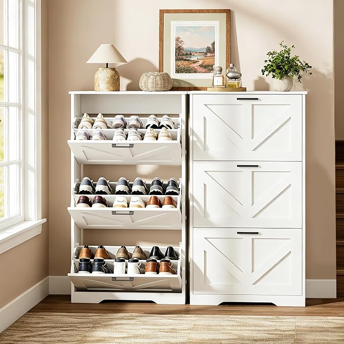 Homleke Farmhouse Shoe Cabinet for Entryway with 3 Barn-Style Flip Drawers, Narrow Shoe Storage Organizer with Top Display Shelf, Adjustable Shelves, Shoe Rack for Hallway, Closet- (White, 24" Wide)