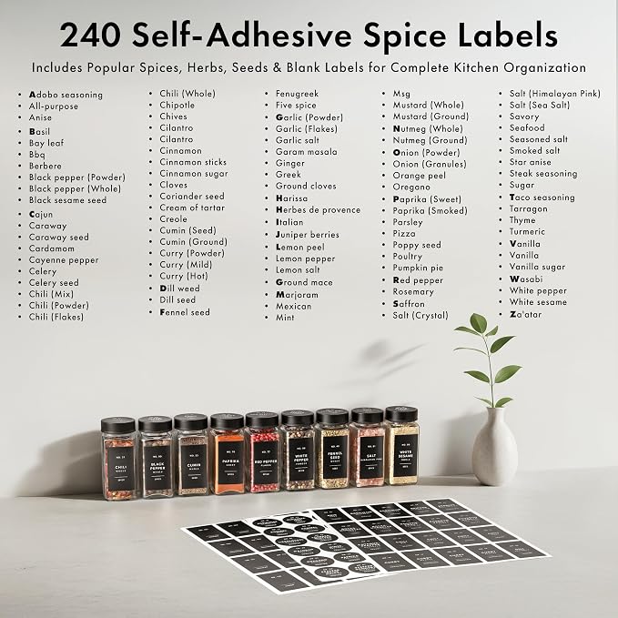 EDELHAUS Glass Spice Jars with Label, Seasoning Set, 24x Black Steel Lids | Airtight Lids keep spices fresh, Kitchen Spice Drawer Organizer, 4oz Seasoning Containers incl. Funnel, Brush & 240 Labels