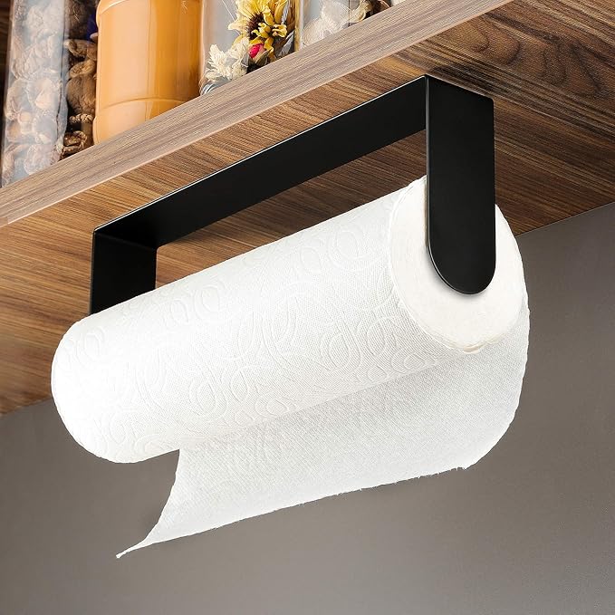ZUNTO Black Paper Towel Holder, Self Adhesive, for Wall or Under Cabinet | Stick on Wall Vertical or Horizontal, No Drilling, Stainless Steel - Rustproof, Kitchen Roll Rack for Home, Rv or Apartment
