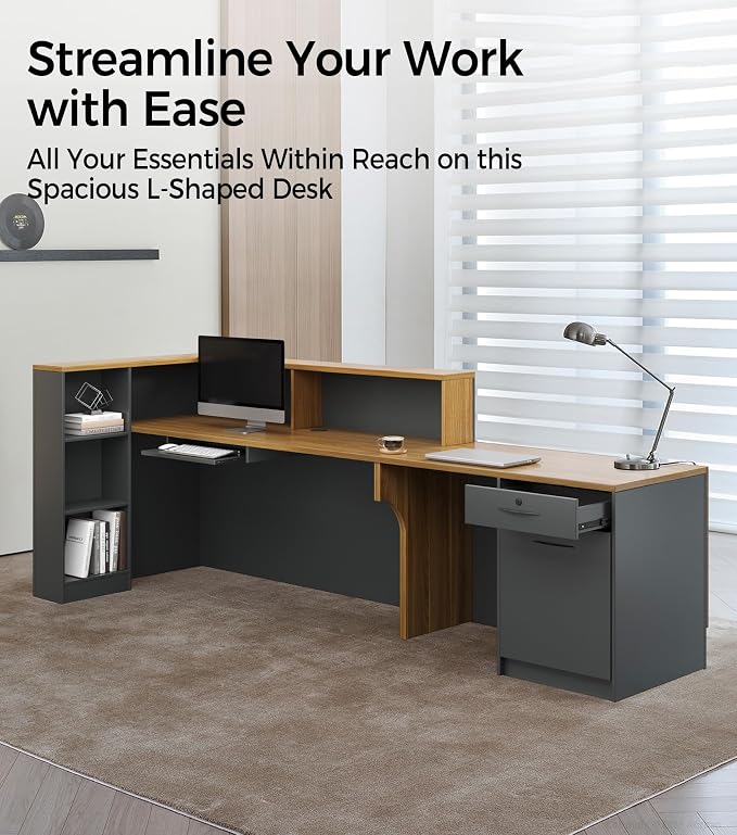 Modern L-Shaped Reception Desk with Counter - 87 inch Front Desk with Storage Cabinet, Open Shelves, Lockable Drawer & Keyboard Tray for Office, Lobby, Checkout (Dark Walnut & Iron Gray - Left)